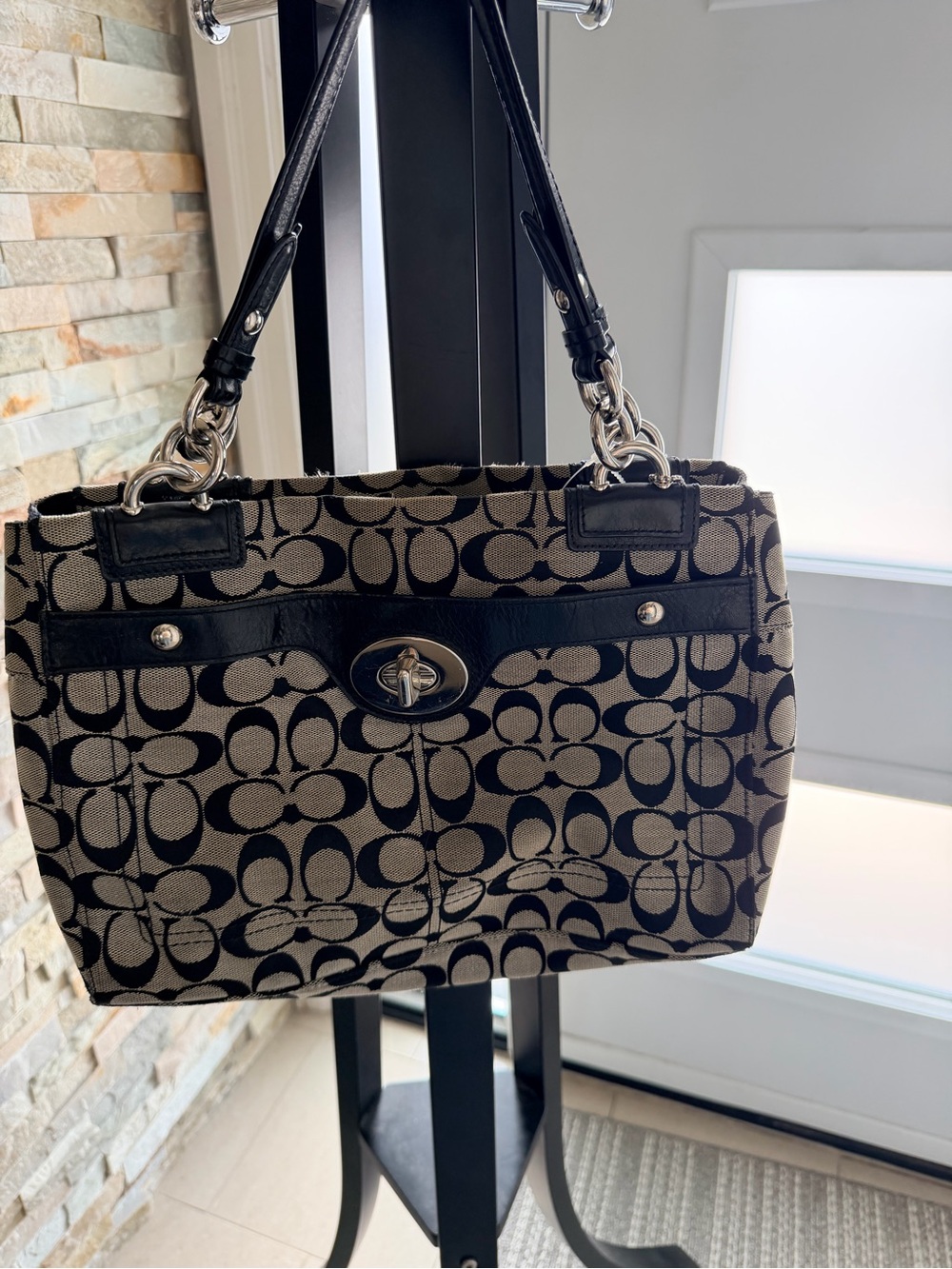 Coach Black and Beige Signature Canvas Turnlock Shoulder Bag